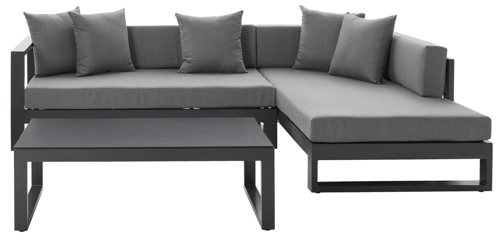 Amatio Lounge-Set (rechts) WILLIS Modernes Lounge-Set in L-Form mit grauen Kissen, Ansicht von vorne.