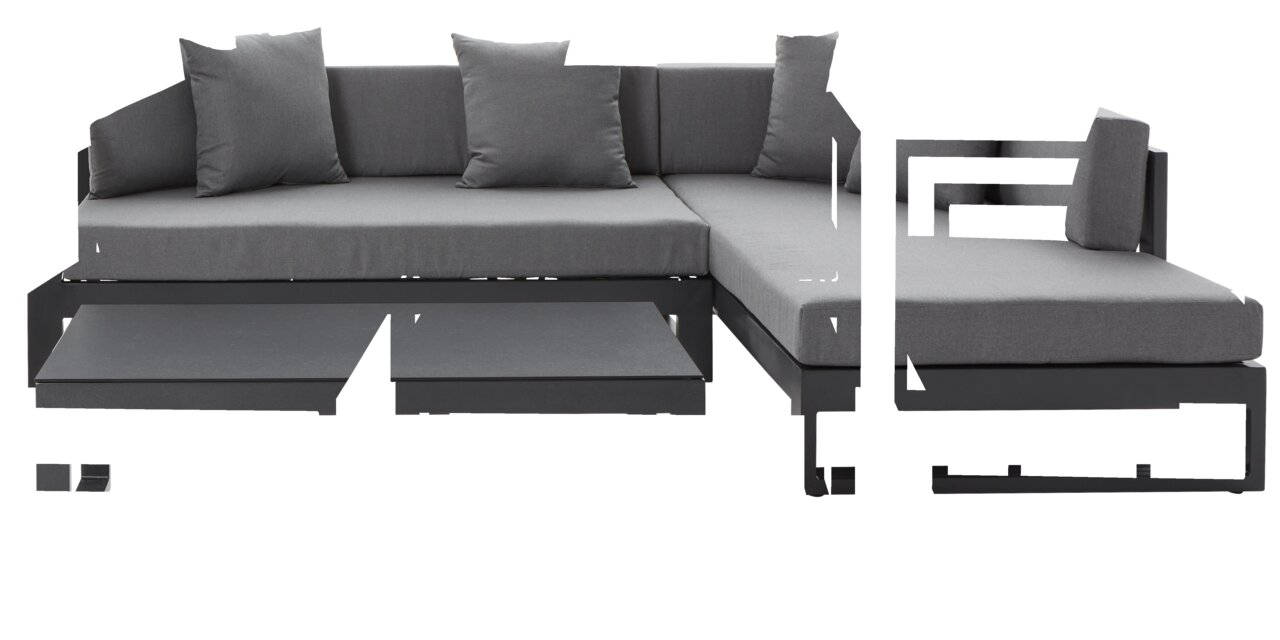 Amatio Lounge-Set (rechts) WILLIS Modernes Lounge-Set in L-Form mit grauen Kissen, Ansicht von vorne.