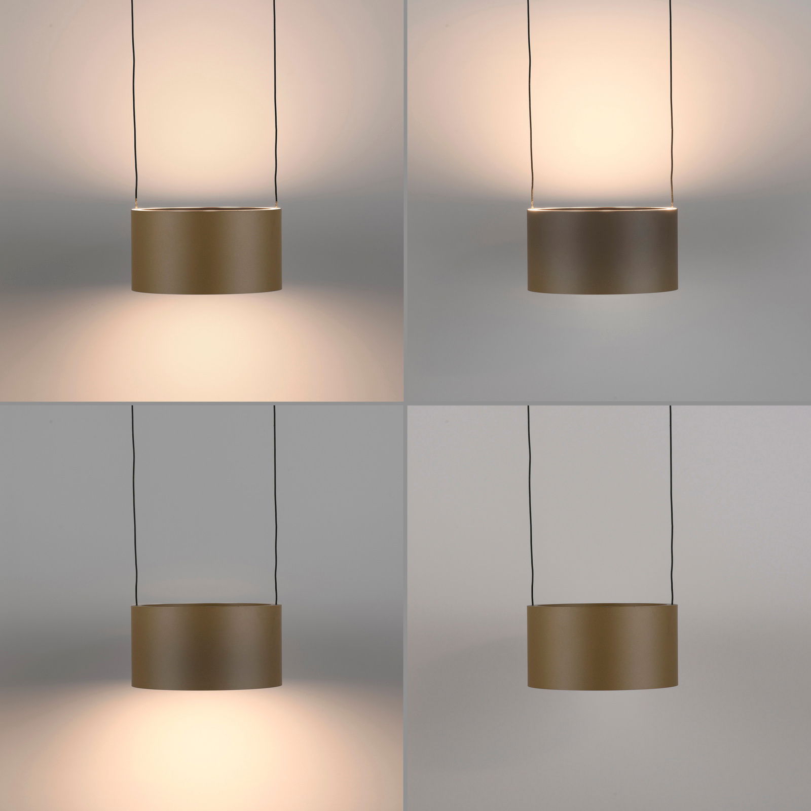LED-Pendelleuchte in zylindrischer Form, von vorne betrachtet, mit warmem Lichtschein an der Wand.