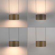 LED-Pendelleuchte in zylindrischer Form, von vorne betrachtet, mit warmem Lichtschein an der Wand.