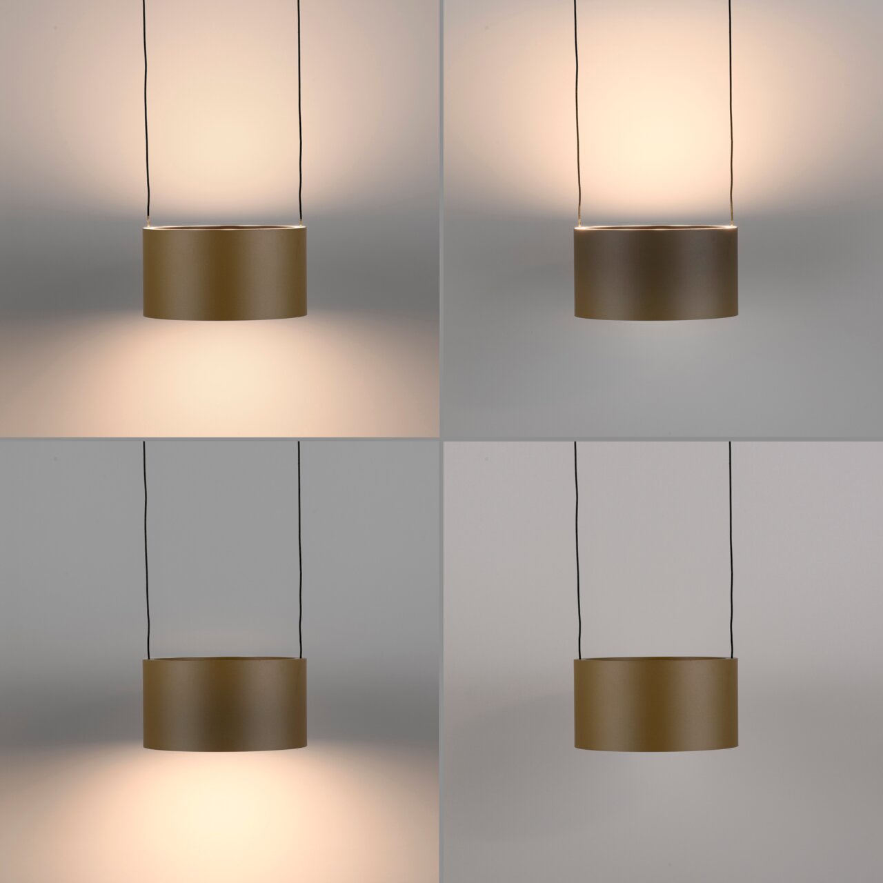 LED-Pendelleuchte in zylindrischer Form, von vorne betrachtet, mit warmem Lichtschein an der Wand.