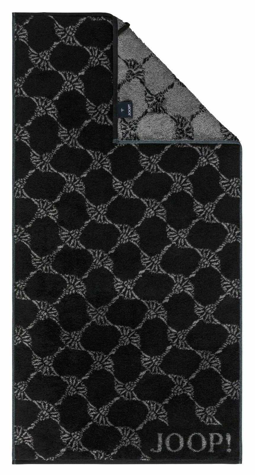 JOOP! Duschtuch 80x150cm CORNFLOWER CLASSIC Schwarzes Duschtuch mit grauem geometrischem Muster und der Aufschrift 'JOOP!' in der unteren rechten Ecke, aus der Vogelperspektive fotografiert.