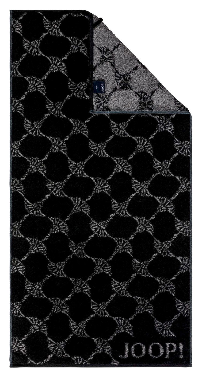 JOOP! Duschtuch 80x150cm CORNFLOWER CLASSIC Schwarzes Duschtuch mit grauem geometrischem Muster und der Aufschrift 'JOOP!' in der unteren rechten Ecke, aus der Vogelperspektive fotografiert.