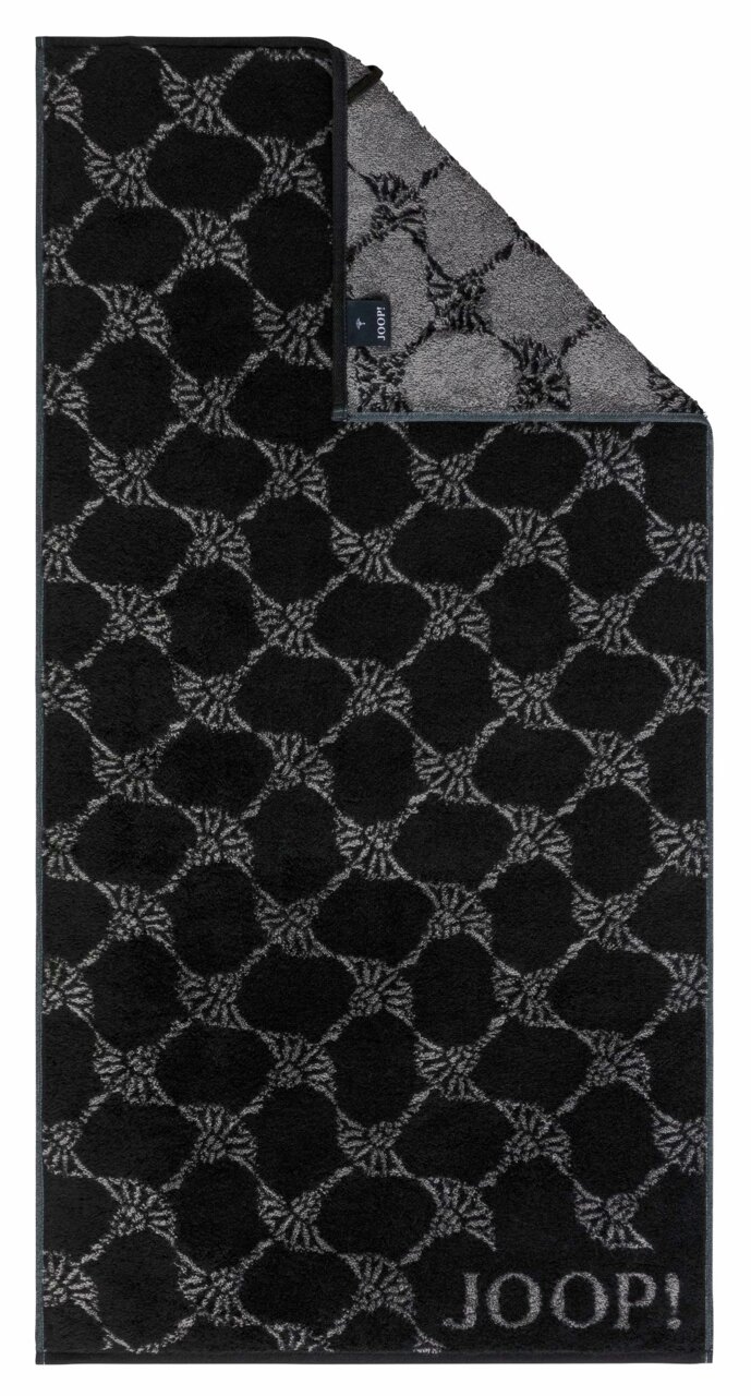 JOOP! Duschtuch 80x150cm CORNFLOWER CLASSIC Schwarzes Duschtuch mit grauem geometrischem Muster und der Aufschrift 'JOOP!' in der unteren rechten Ecke, aus der Vogelperspektive fotografiert.
