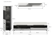 Bemaßte Produktansicht eines modernen Wohnzimmersets in Weiß/Schwarz: hoher Schrank mit Tür und Fächern, niedriges TV-Lowboard mit zwei Schubladen sowie zwei Wandregale; dargestellt in Frontansicht mit Maßangaben.