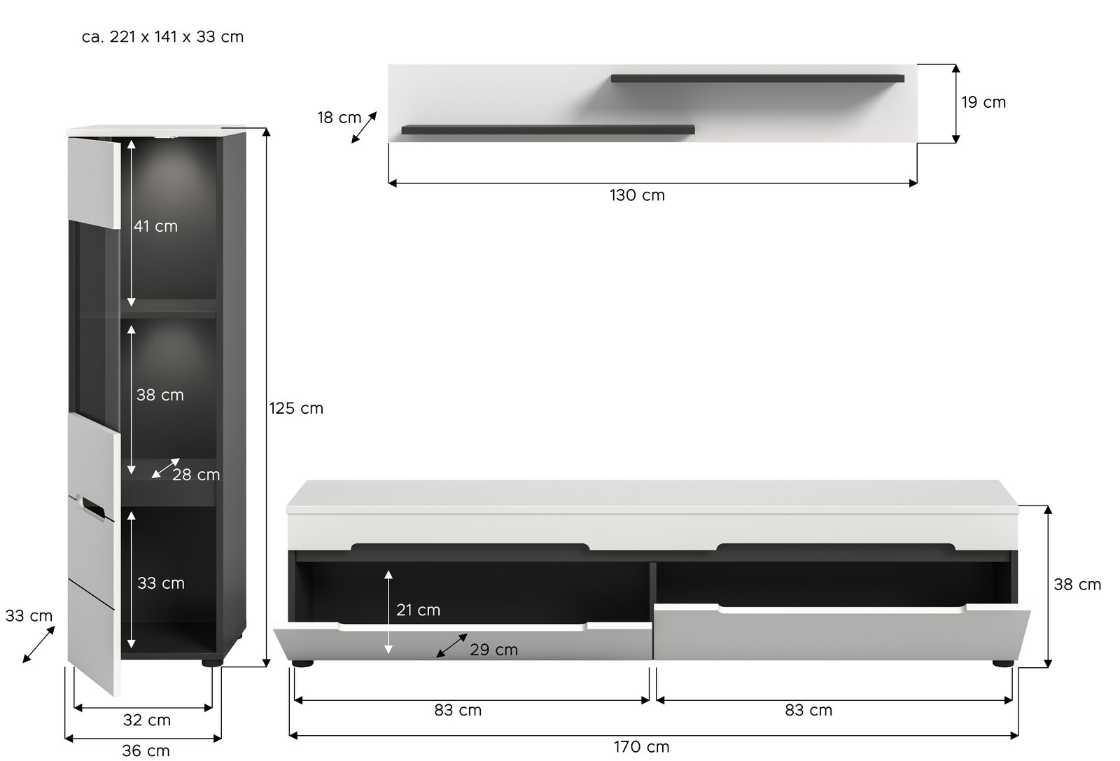 Bemaßte Produktansicht eines modernen Wohnzimmersets in Weiß/Schwarz: hoher Schrank mit Tür und Fächern, niedriges TV-Lowboard mit zwei Schubladen sowie zwei Wandregale; dargestellt in Frontansicht mit Maßangaben.