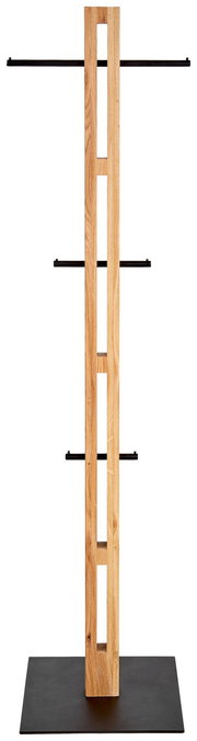 Moderner Kleiderständer aus Holz mit schwarzem Metallgestell, Vorderansicht