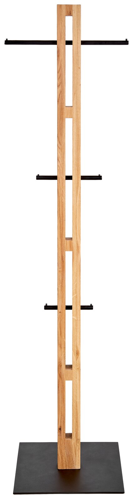 Moderner Kleiderständer aus Holz mit schwarzem Metallgestell, Vorderansicht