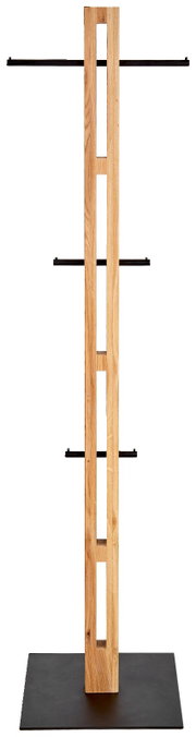 Moderne kledingstandaard van hout met een zwart metalen frame, vooraanzicht