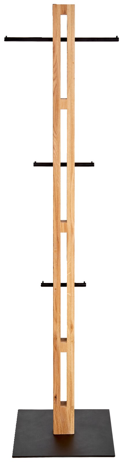 Moderne kledingstandaard van hout met een zwart metalen frame, vooraanzicht