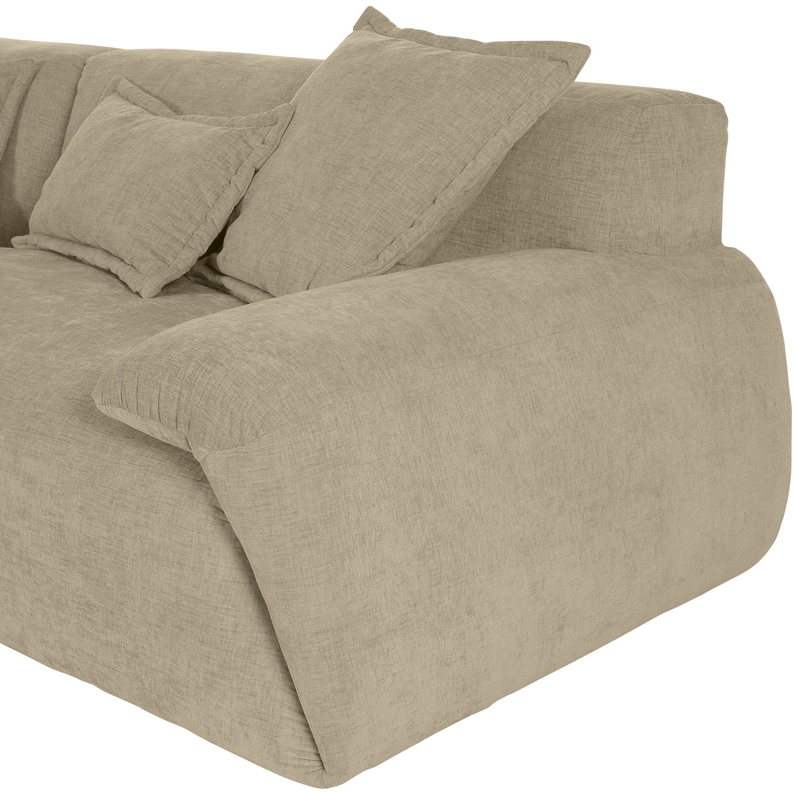 Beige Rundecke Sofa mit Kissen, seitliche Perspektive