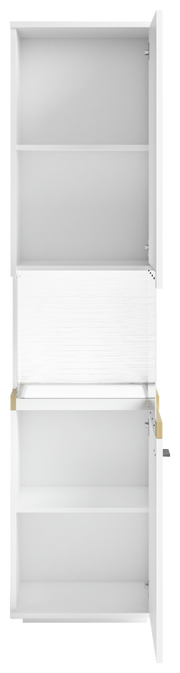 Weiße Vitrine mit zwei offenen Türen, frontal betrachtet, mit mehreren Regalböden.