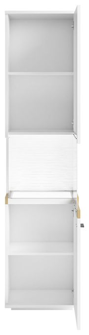 Weiße Vitrine mit zwei offenen Türen, frontal betrachtet, mit mehreren Regalböden.