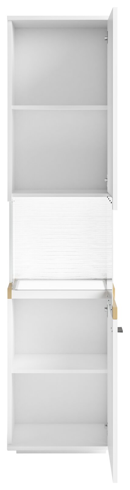 Set one by Musterring Vitrine rechts SET ONE LANCASTER Weiße Vitrine mit zwei offenen Türen, frontal betrachtet, mit mehreren Regalböden.