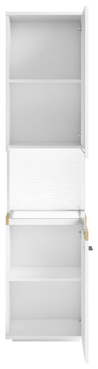 Weiße Vitrine mit zwei offenen Türen, frontal betrachtet, mit mehreren Regalböden.