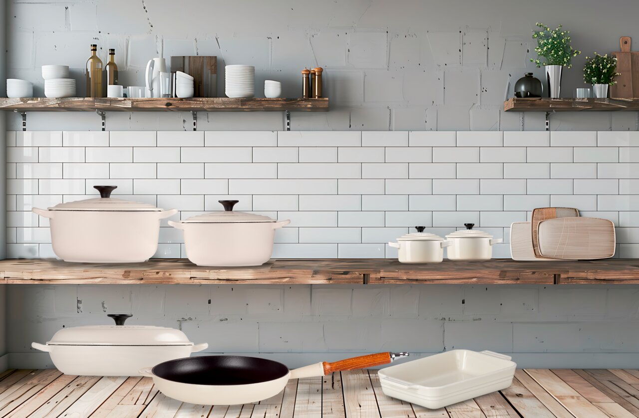 LE CREUSET Bratpfanne 28cm Creme TRADITION Bratpfanne 28cm Creme mit Holzgriff, in einer modernen Küche auf einem Holztisch liegend, seitliche Perspektive
