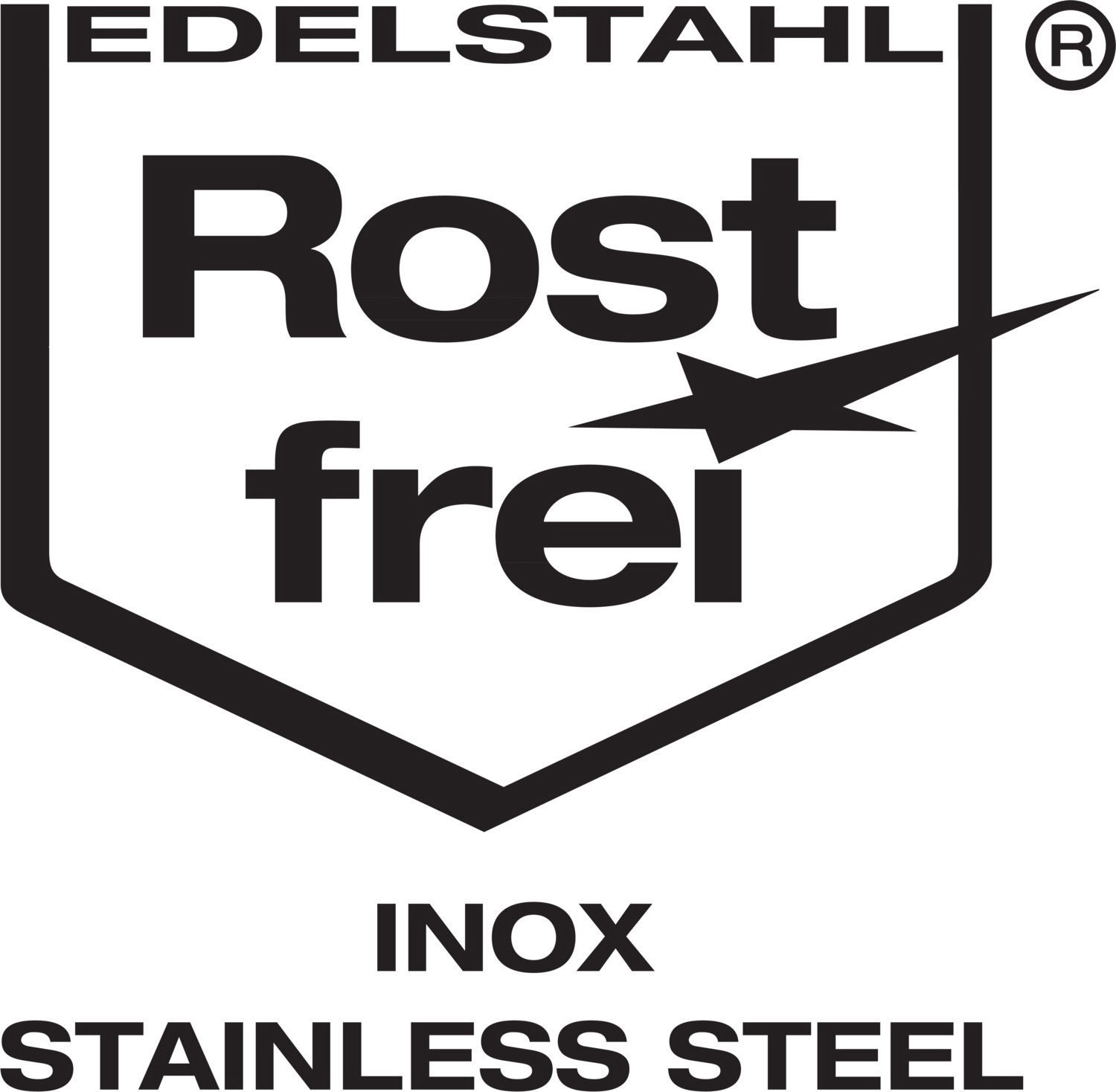 Logo für Edelstahl, rostfrei, mit der Aufschrift 'Edelstahl Rostfrei INOX Stainless Steel', frontal betrachtet.