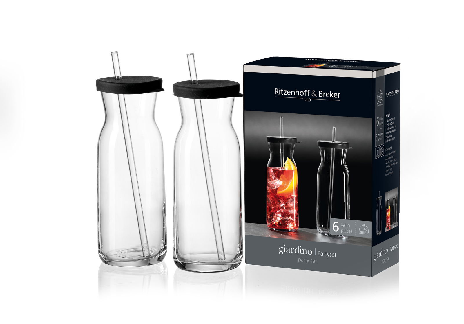 Ritzenhoff & Breker Feestset, 6-delig GIARDINO Zwei transparente Glaskaraffen mit schwarzen Deckeln und integrierten Trinkhalmen, neben einer Verpackung mit der Aufschrift 'Ritzenhoff & Breker giardino Partyset 6-teilig'. Perspektive: Frontalansicht.