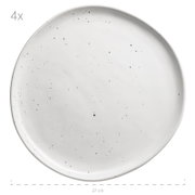 Weißer, gesprenkelter Keramik-Essteller (Ø ca. 27 cm), Draufsicht/Top-Down-Perspektive, Set-Hinweis 4x