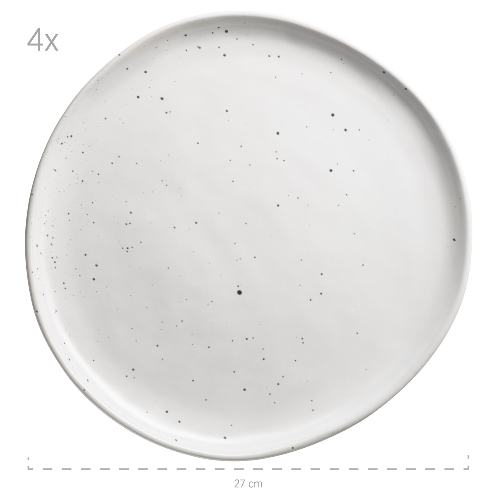 Weißer, gesprenkelter Keramik-Essteller (Ø ca. 27 cm), Draufsicht/Top-Down-Perspektive, Set-Hinweis 4x