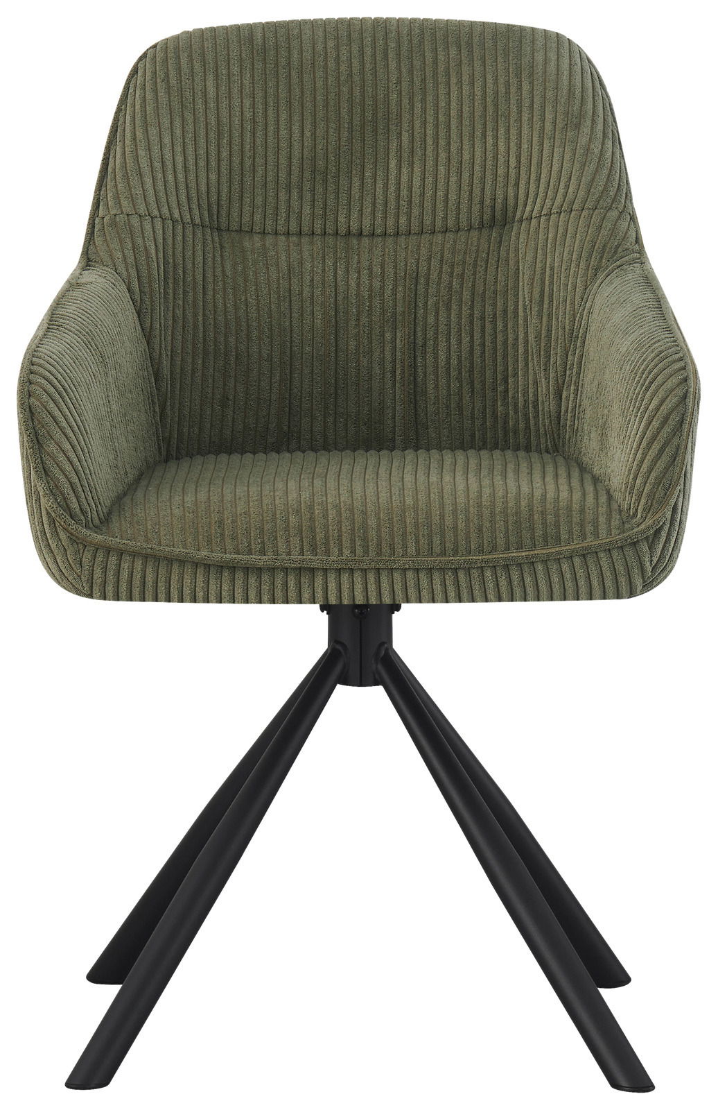 Grüner Armlehnstuhl mit geripptem Stoffbezug und schwarzem Metallgestell, Frontalansicht