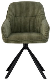 Grüner Armlehnstuhl mit geripptem Stoffbezug und schwarzem Metallgestell, Frontalansicht