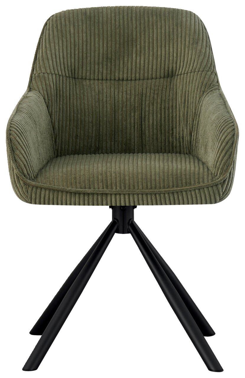 Grüner Armlehnstuhl mit geripptem Stoffbezug und schwarzem Metallgestell, Frontalansicht