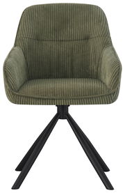 Grüner Armlehnstuhl mit geripptem Stoffbezug und schwarzem Metallgestell, Frontalansicht