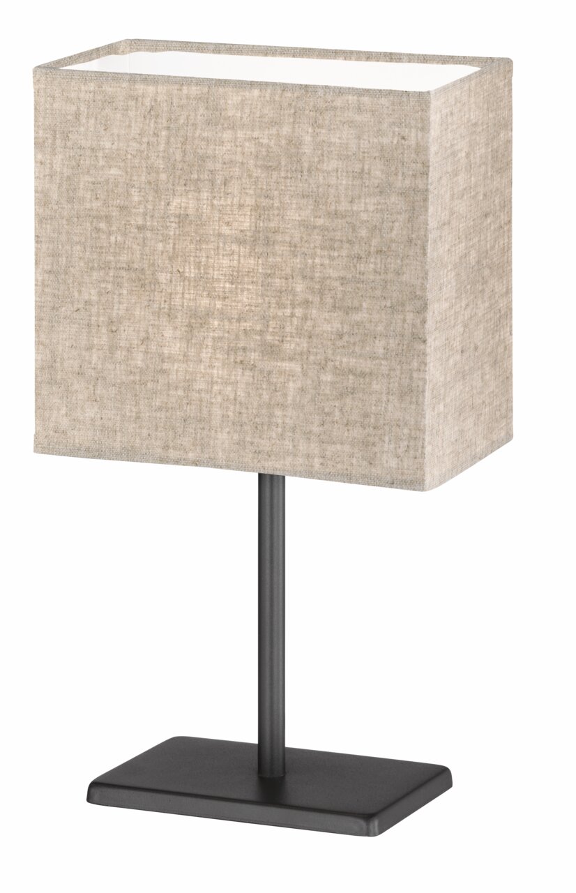 Rechteckige Tischleuchte mit beigem Stoffschirm und schwarzem Metallfuß, seitliche Perspektive