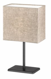 Rechteckige Tischleuchte mit beigem Stoffschirm und schwarzem Metallfuß, seitliche Perspektive
