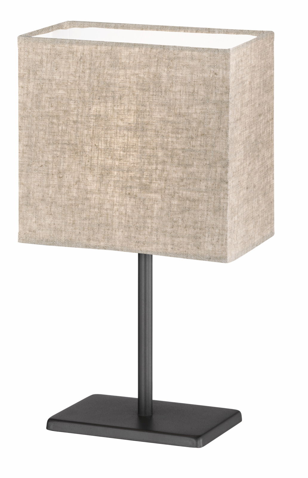 Rechteckige Tischleuchte mit beigem Stoffschirm und schwarzem Metallfuß, seitliche Perspektive