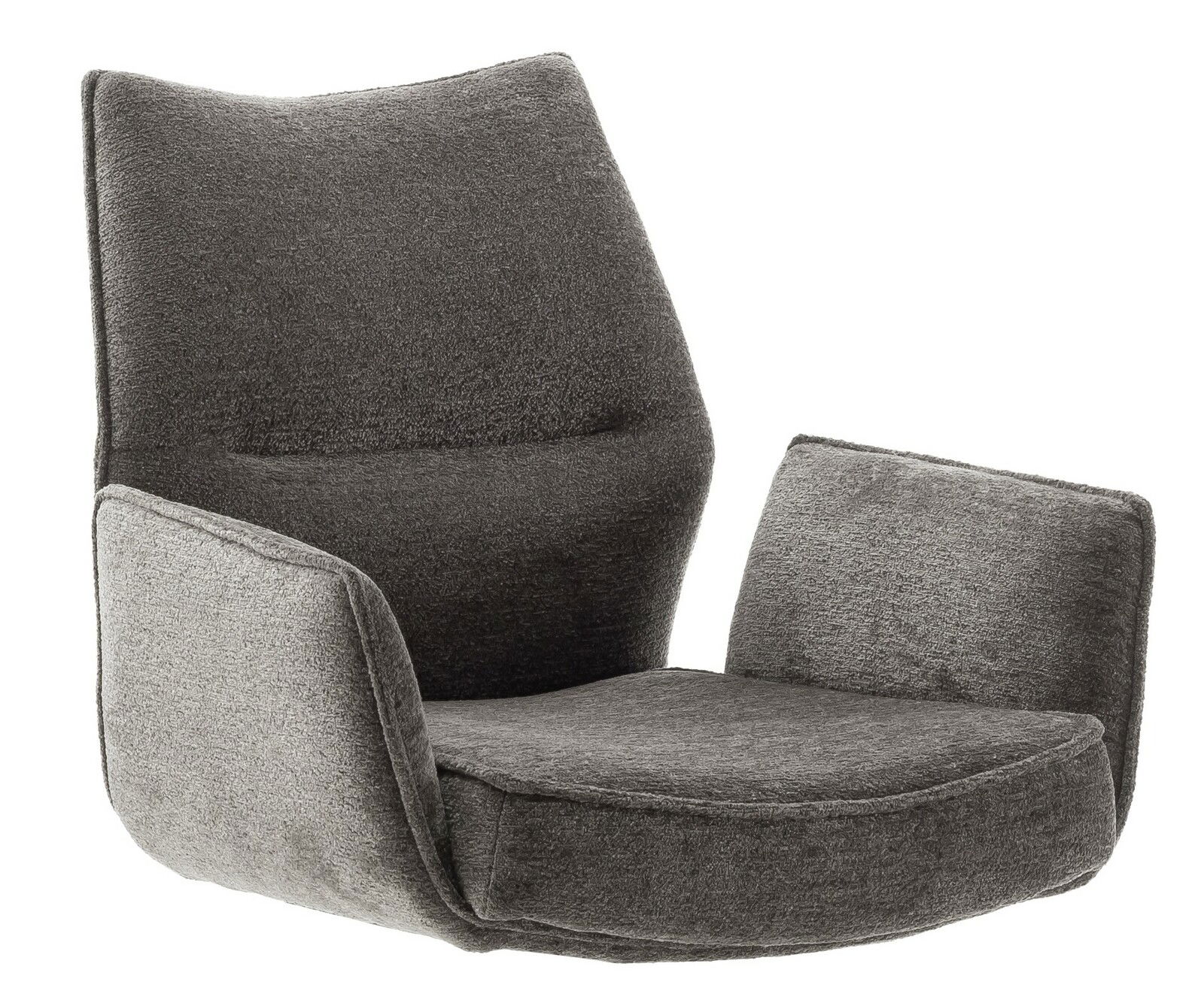 Grauer Armlehnstuhl aus Stoff, seitliche Perspektive