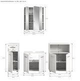 Badkombination bestehend aus einem Spiegelschrank, einem Waschbeckenunterschrank und einem Hochschrank, frontal abgebildet mit detaillierten Maßen.