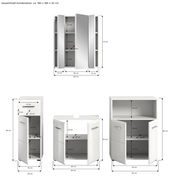 Badkombination bestehend aus einem Spiegelschrank, einem Waschbeckenunterschrank und einem Hochschrank, frontal abgebildet mit detaillierten Maßen.