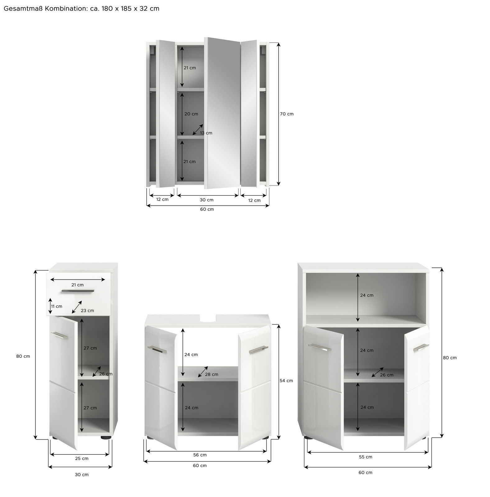Badkombination bestehend aus einem Spiegelschrank, einem Waschbeckenunterschrank und einem Hochschrank, frontal abgebildet mit detaillierten Maßen.