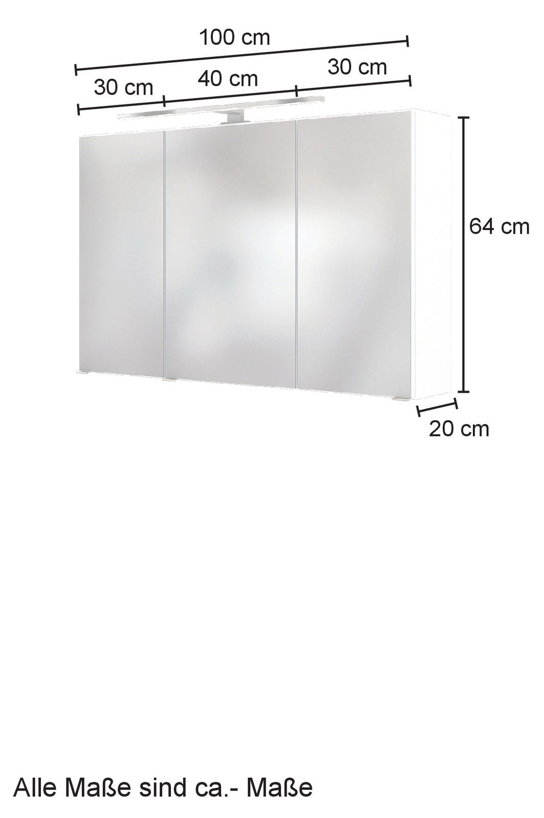 Spiegelschrank mit drei Türen, Gesamtbreite 100 cm, Höhe 64 cm, Tiefe 20 cm, mit Beleuchtung, Frontansicht