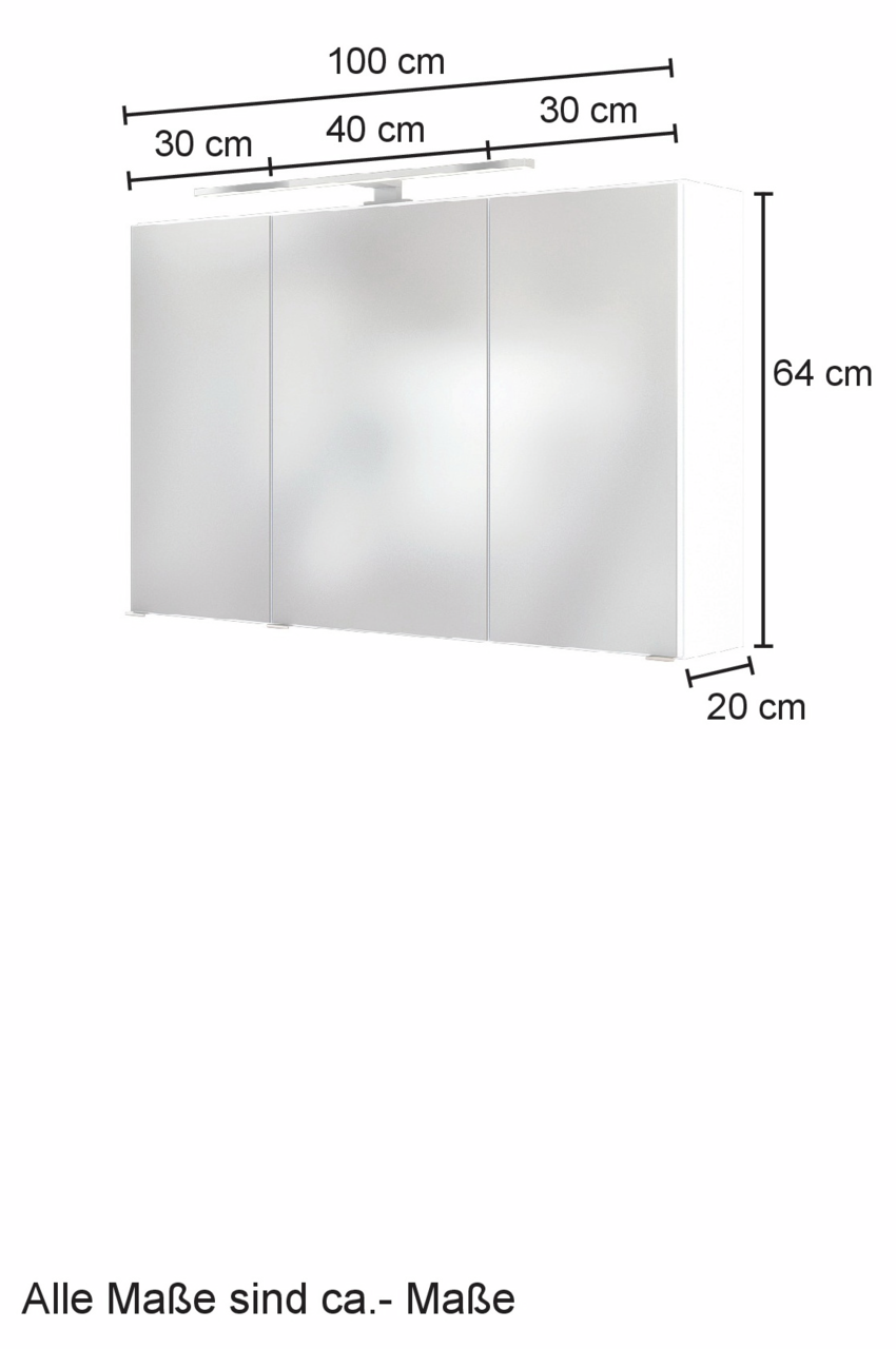 Spiegelschrank mit drei Türen, Gesamtbreite 100 cm, Höhe 64 cm, Tiefe 20 cm, mit Beleuchtung, Frontansicht