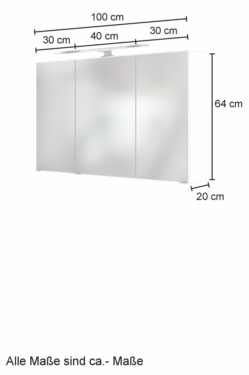 Spiegelschrank mit drei Türen, Gesamtbreite 100 cm, Höhe 64 cm, Tiefe 20 cm, mit Beleuchtung, Frontansicht