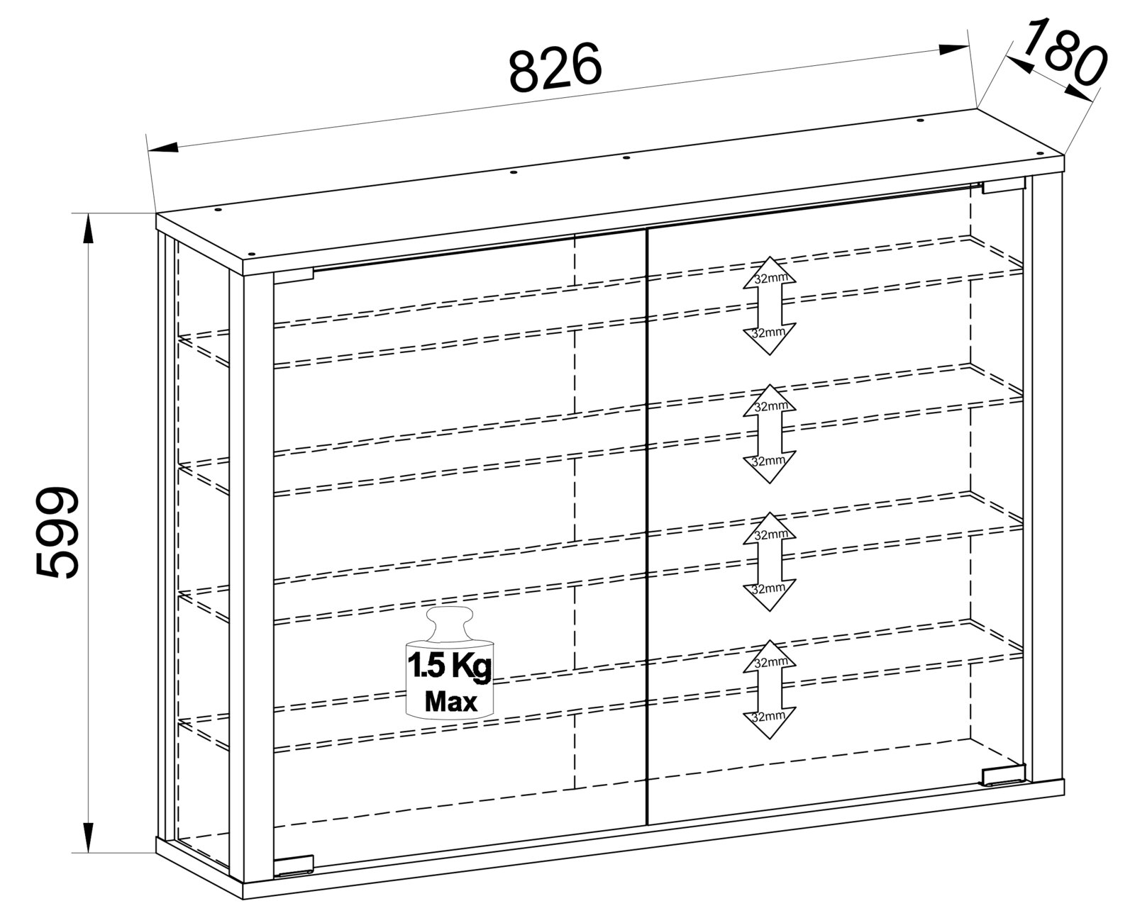 Technische Zeichnung eines flachen Bad- oder Medizinschranks mit zwei Schiebetüren und verstellbaren Einlegeböden (32-mm-Raster), Maße ca. 826 × 180 × 569 mm, max. 1,5 kg Belastung pro Boden, dargestellt in schräger Frontansicht von oben.