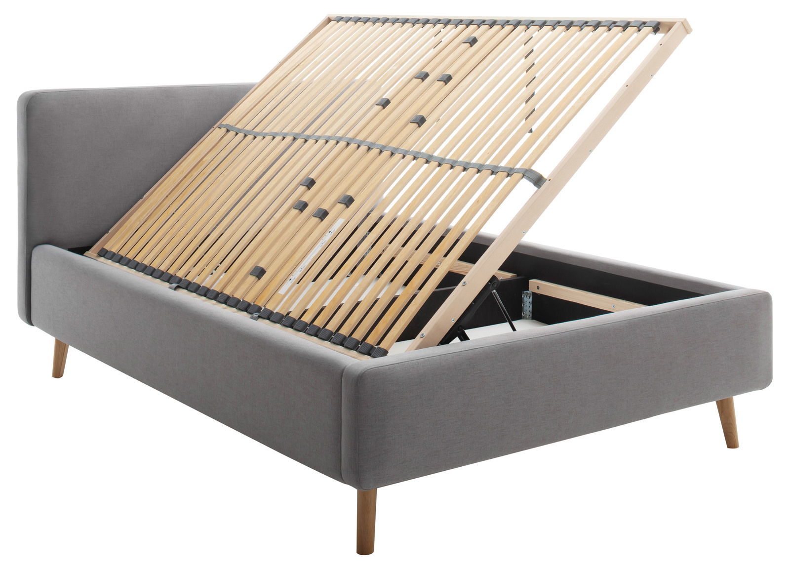 Graues Polsterbett mit hochgeklapptem Lattenrost, seitliche Perspektive