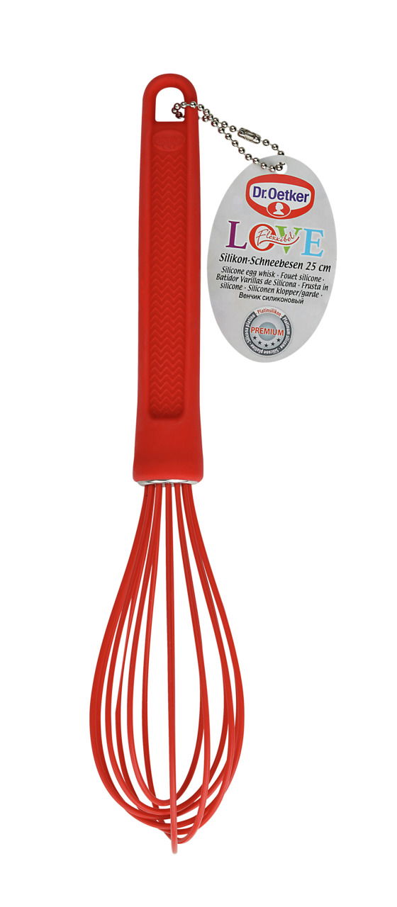 Roter Silikon-Schneebesen mit 25 cm Länge, frontal abgebildet, mit einem Etikett von Dr. Oetker.