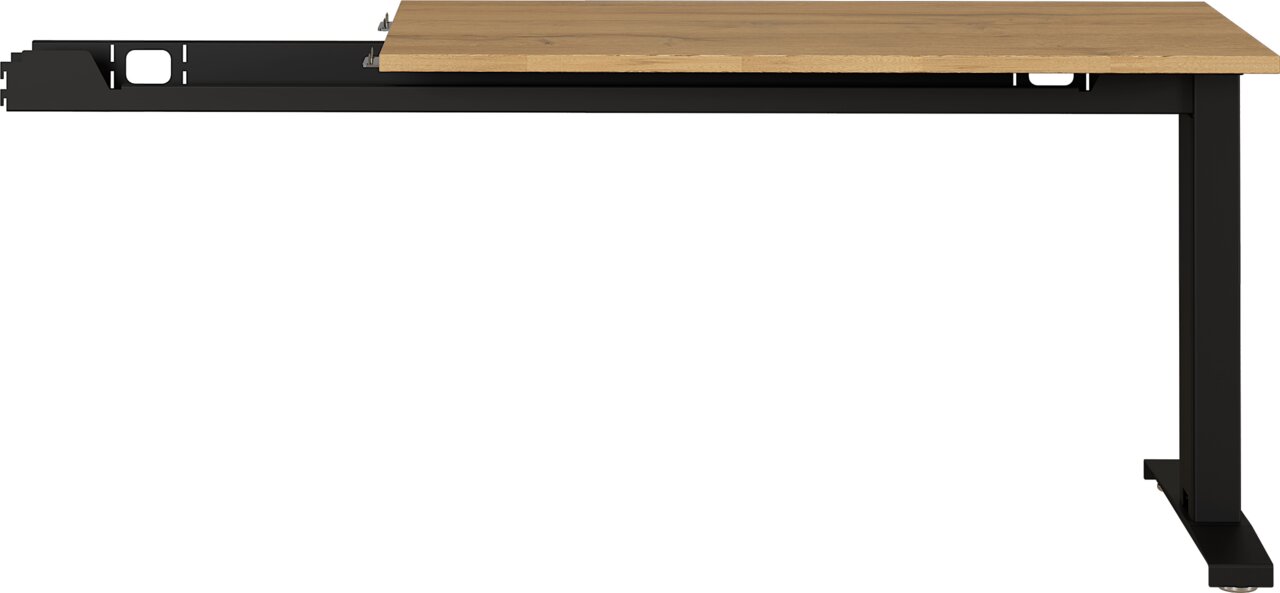 MID.YOU Schreibtischanbau 90° AGENDA HOME Schreibtischanbau 90 Grad mit schwarzem Metallgestell und Holzplatte, seitliche Perspektive