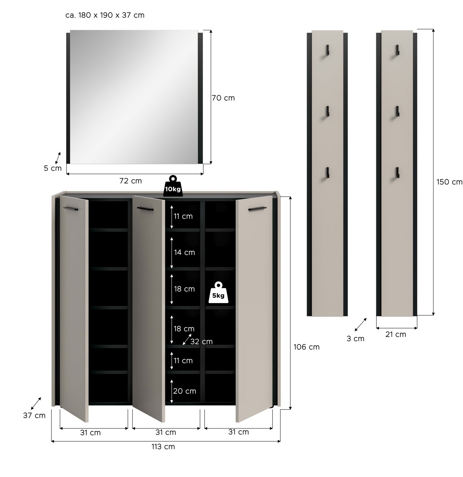 Badezimmermöbel-Set mit Spiegelschrank (ca. 72 x 70 x 5 cm), Unterschrank mit drei Türen und Regalfächern (ca. 113 x 106 x 37 cm) sowie zwei hohen Hängeschränken (je ca. 150 x 21 x 3 cm) in Weiß/Anthrazit, dargestellt in Frontansicht mit Maßangaben; Unter