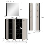 Badezimmermöbel-Set mit Spiegelschrank (ca. 72 x 70 x 5 cm), Unterschrank mit drei Türen und Regalfächern (ca. 113 x 106 x 37 cm) sowie zwei hohen Hängeschränken (je ca. 150 x 21 x 3 cm) in Weiß/Anthrazit, dargestellt in Frontansicht mit Maßangaben; Unter