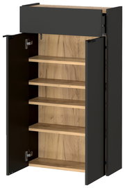 Hängeschuhschrank XORA AMECA in geöffneter Perspektive mit mehreren Regalböden und dunklen Türen.