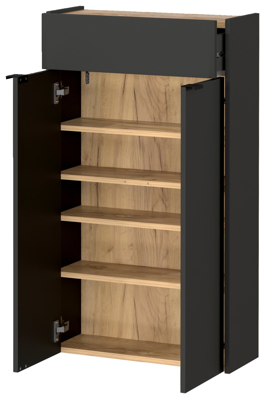 Hängeschuhschrank XORA AMECA in geöffneter Perspektive mit mehreren Regalböden und dunklen Türen.