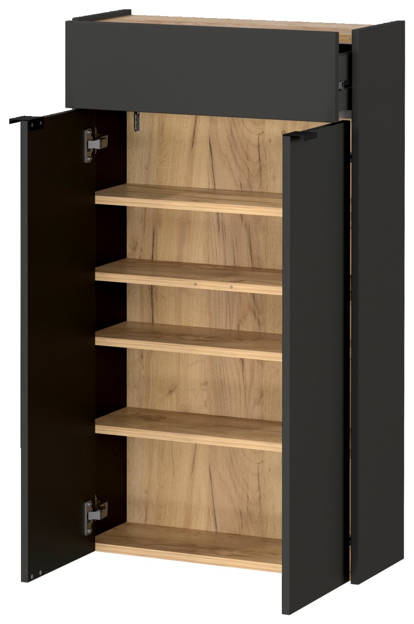 Hängeschuhschrank XORA AMECA in geöffneter Perspektive mit mehreren Regalböden und dunklen Türen.