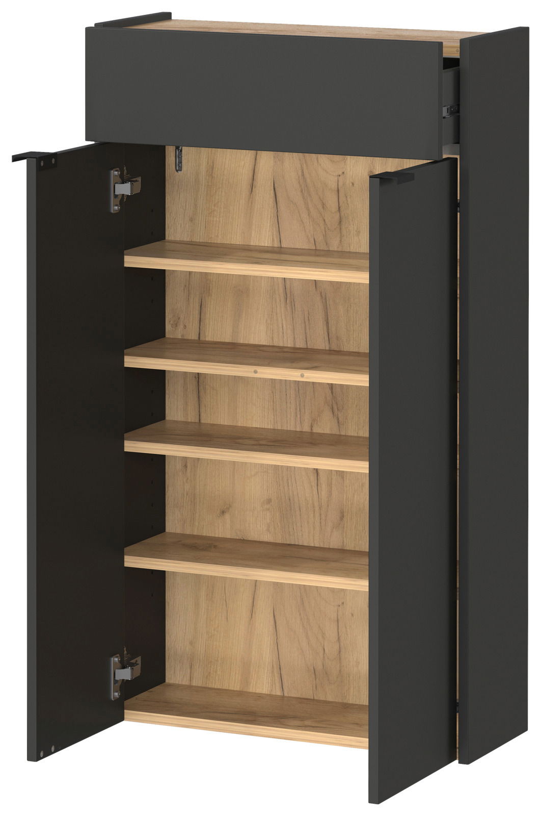 Hängeschuhschrank XORA AMECA in geöffneter Perspektive mit mehreren Regalböden und dunklen Türen.