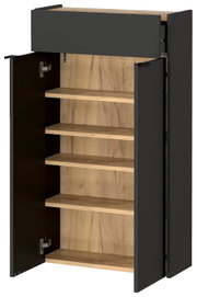 Hängeschuhschrank XORA AMECA in geöffneter Perspektive mit mehreren Regalböden und dunklen Türen.