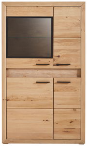 Frontansicht eines Highboards aus Holz mit Beleuchtung und Glastür, Modell Cantus Highboard CLEVELAND.